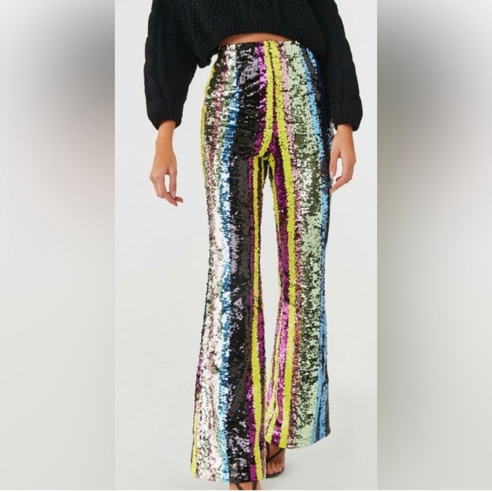 FOREVER 21 l Sequin Striped Pants Retro High Waist Straight Let 80s 90s Size L - Picture 6 of 16